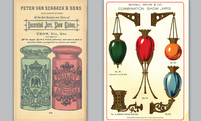 Van Schaack Whitall Tatum - Show Globes Vintage advertisement for Peter Van Schaack & Sons Decorated Jars, Show Globes, Urns, Etc. and an illustration of Whitall Tatum & Co pharmacy combination show jars