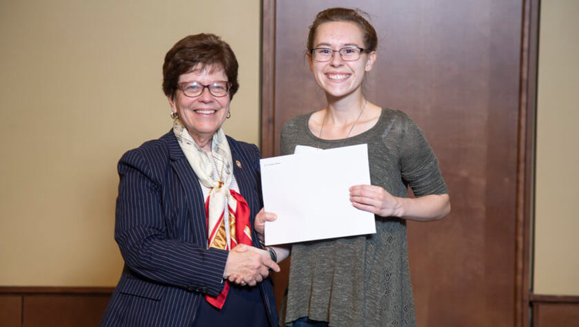 hilldalefellowship_hanson_caroline_840x476 Caroline Hanson and Becky Blank PharmTox student and 2019 Hilldale Fellowship winner Caroline Hanson with Chancellor Rebecca Blank.