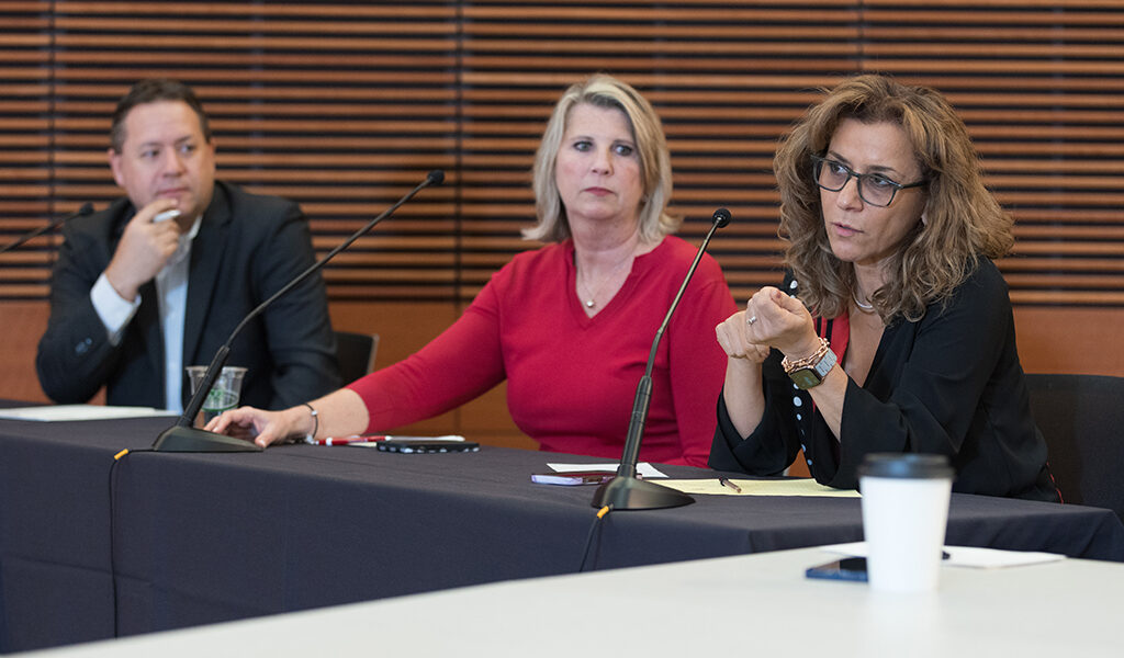 Brent Eberle, Debra Fluno, and Azita Saleki Gerhardt listen to student presentations