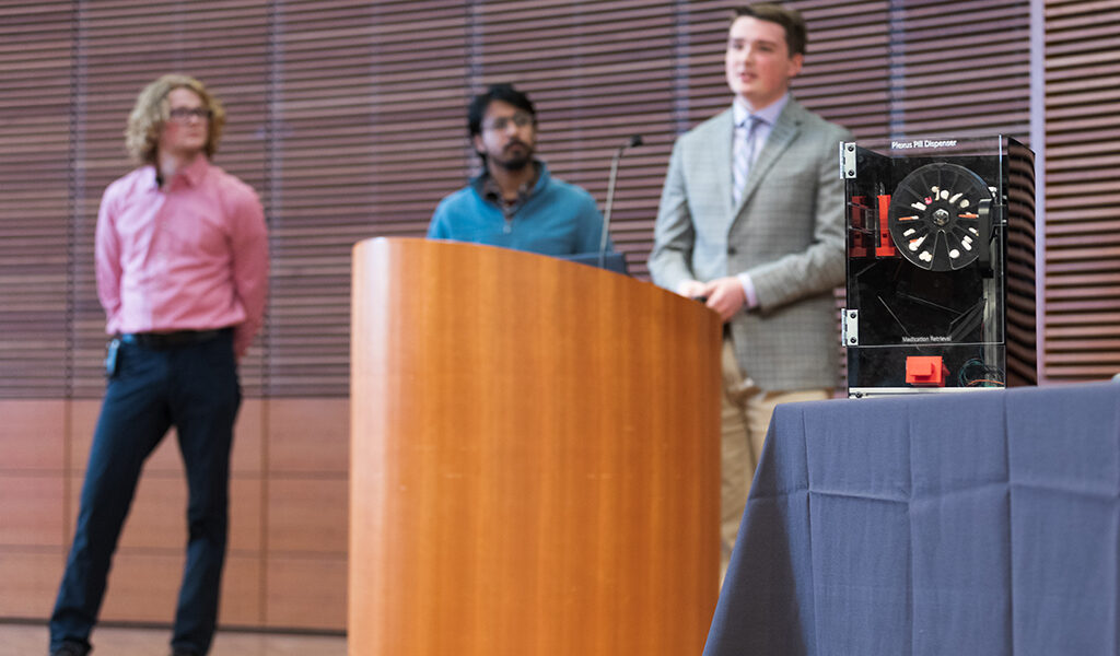 Riley Norman, Aaranyak Bhattacharya, and Jack Ruhland present their invention