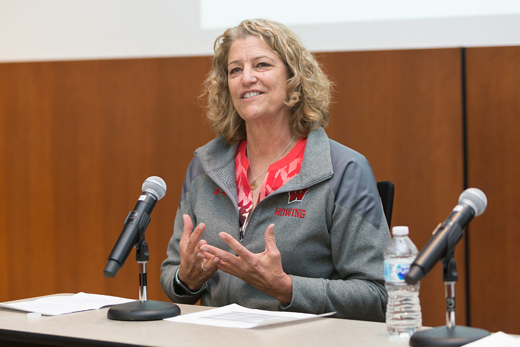 phar040918_006 UW–Madison women's rowing coach Bebe Bryans speaking on panel