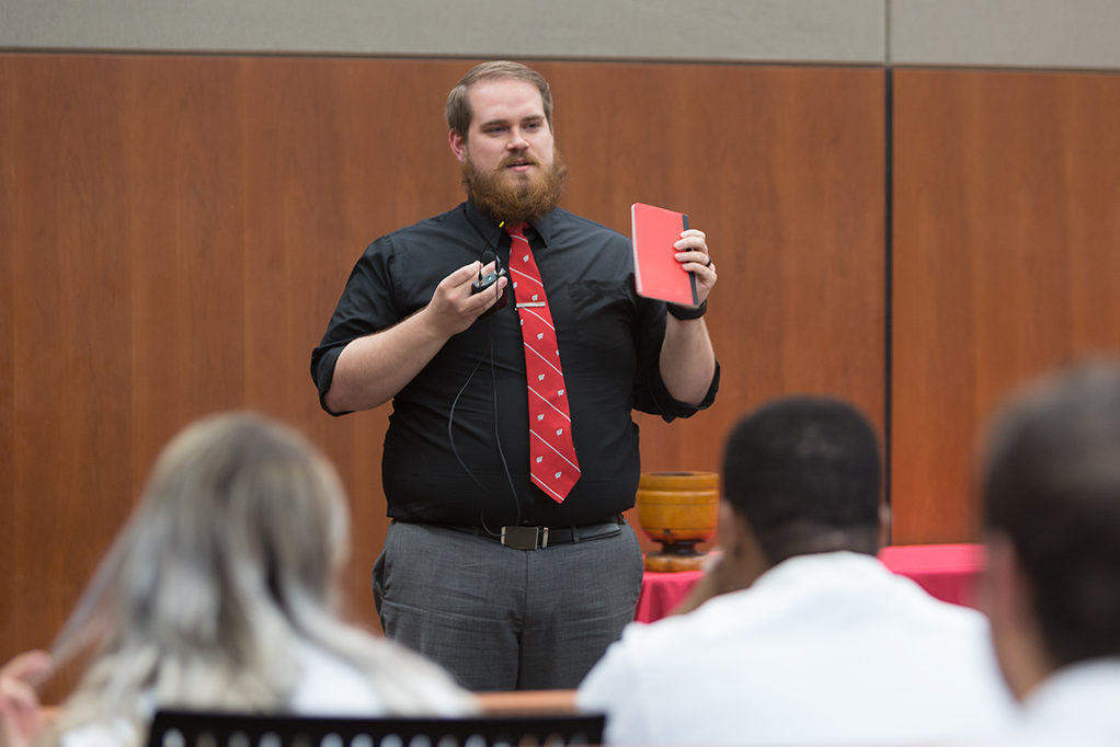 phar050219_044 Brock Dantuma, fourth year student pharmacist, speaks to the class about his experience and lesson from the School.