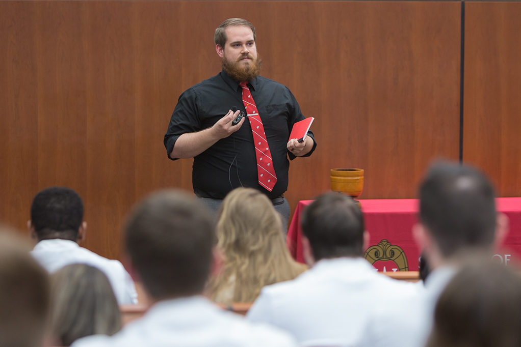 phar050219_045 Brock Dantuma, fourth year student pharmacist, speaks to the class about his experience and lesson from the School.