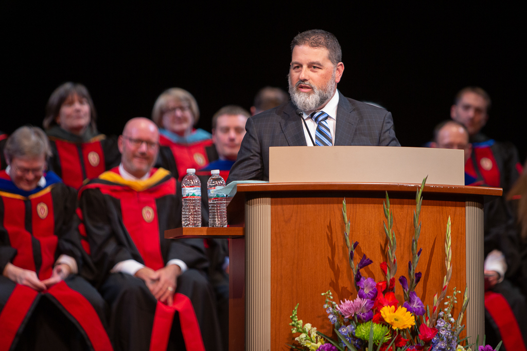 phar051019_124 Mathew Mabie, President of Pharmacy Society of Wisconsin, delivers his speech.