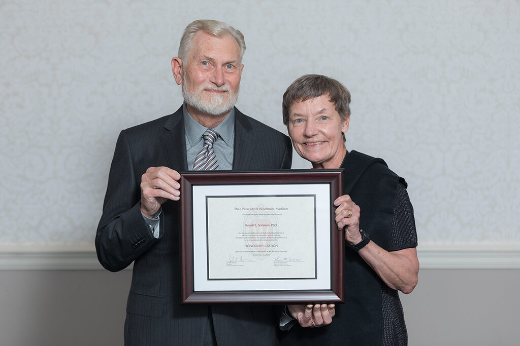 UW School of Pharmacy 2022 Citations of Merit Dinner & Awards Ron and Christine Sorkness with Ron's Citation award.