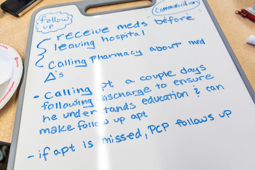 phar092919_041 PharmD and nursing students creating a root cause analysis for a transitions of care simulation.
