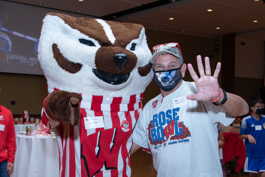 School of Pharmacy Alumni Tailgate Party 2021 Bucky Badger and Craig Johnson