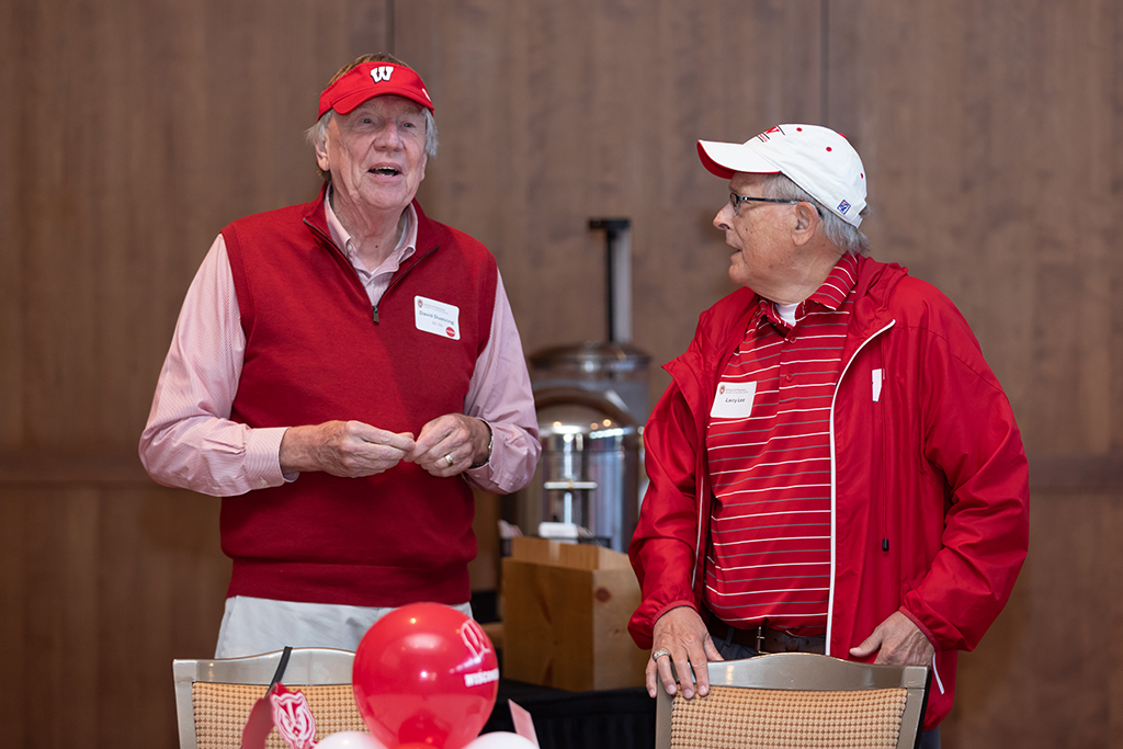 UW–Madison School of Pharmacy 2024 Alumni Tailgate and Watch Party Dave Duehring and Larry Lee speak