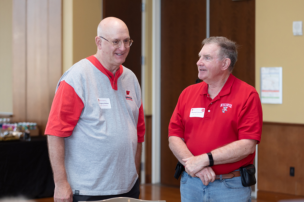 UW–Madison School of Pharmacy 2024 Alumni Tailgate and Watch Party Greg Weber speaks with Russ Jensen.