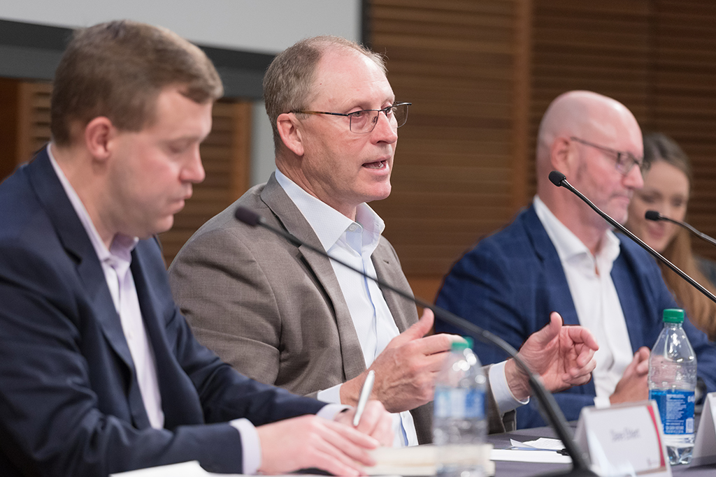UW–Madison School of Pharmacy Board of Visitors Meeting 2022 Chris Hatwig speaks during the panel discussion, between Dave Ehlert and Steve Rough