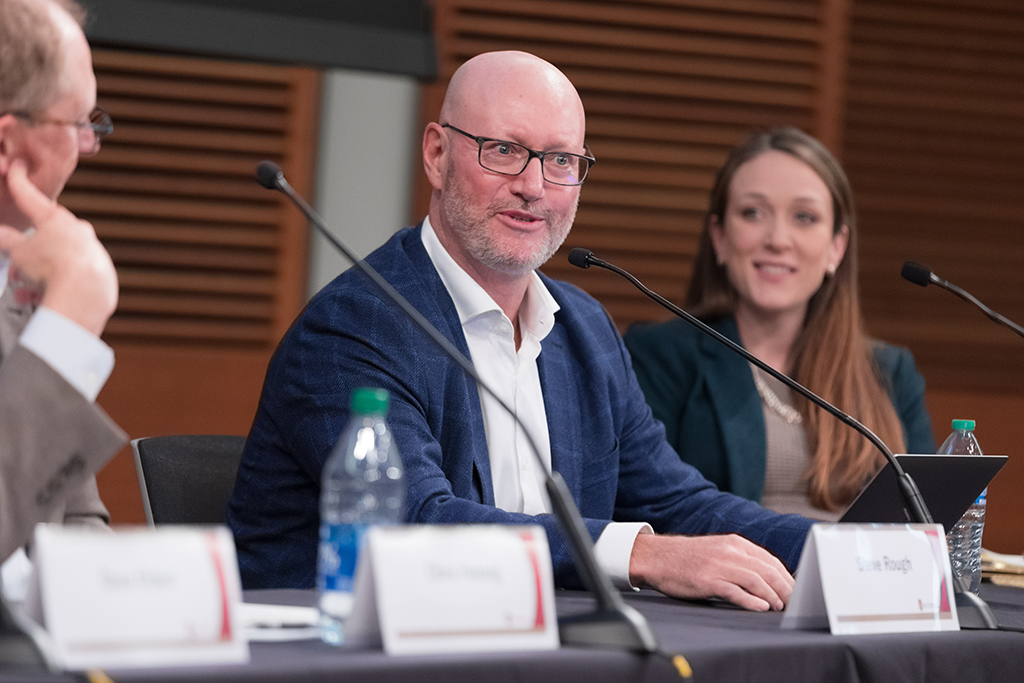 UW–Madison School of Pharmacy Board of Visitors Meeting 2022 Steve Rough speaks during the panel discussion, between Kristin Tiry and Chris Hatwig