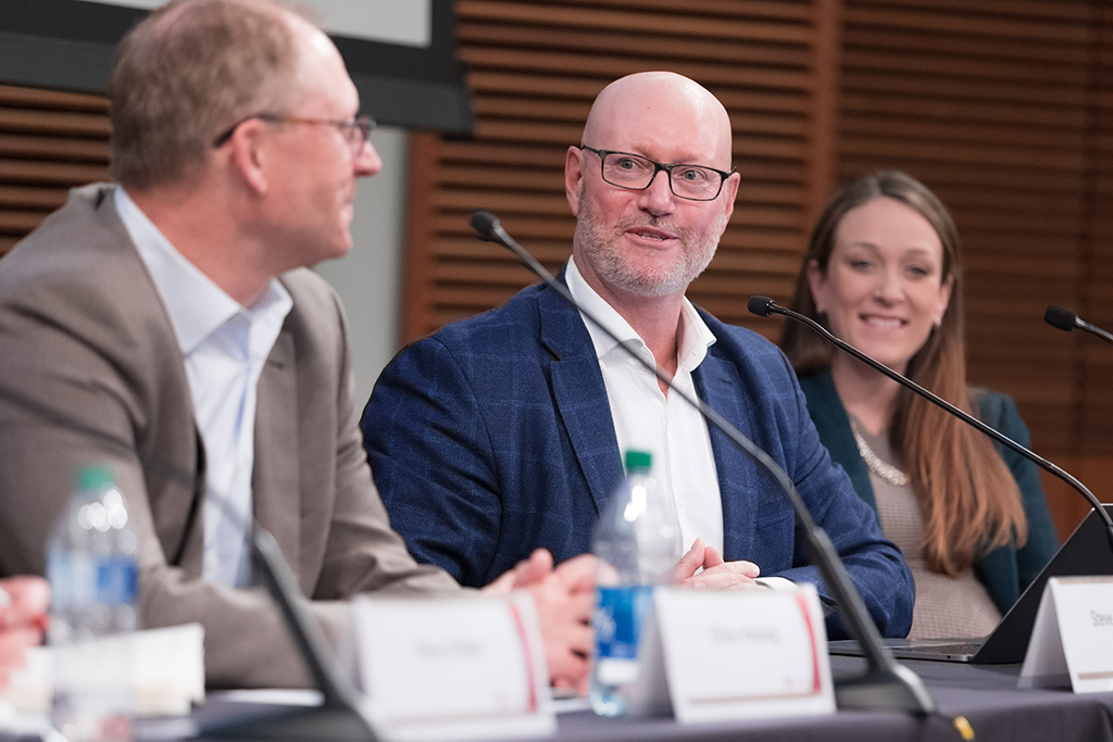 UW–Madison School of Pharmacy Board of Visitors Meeting 2022 Steve Rough speaks during the panel discussion, between Kristin Tiry and Chris Hatwig