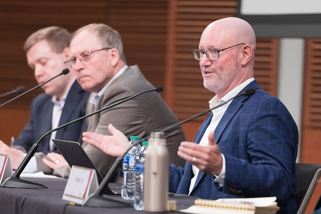 UW–Madison School of Pharmacy Board of Visitors Meeting 2022 Steve Rough speaks during the panel discussion, next to Chris Hatwig and Dave Ehlert