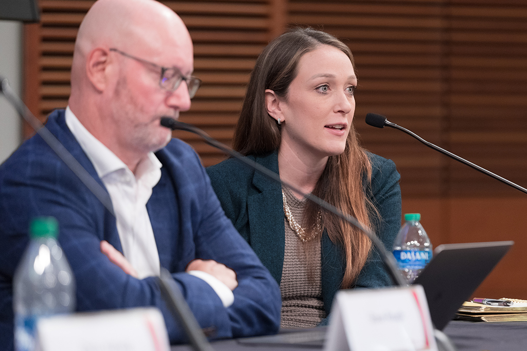 UW–Madison School of Pharmacy Board of Visitors Meeting 2022 Kristin Tiry speaks during the panel discussion, next to Steve Rough