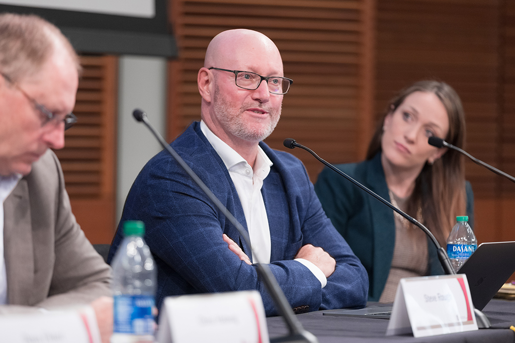 UW–Madison School of Pharmacy Board of Visitors Meeting 2022 Steve Rough speaks during the panel discussion, between Kristin Tiry and Chris Hatwig