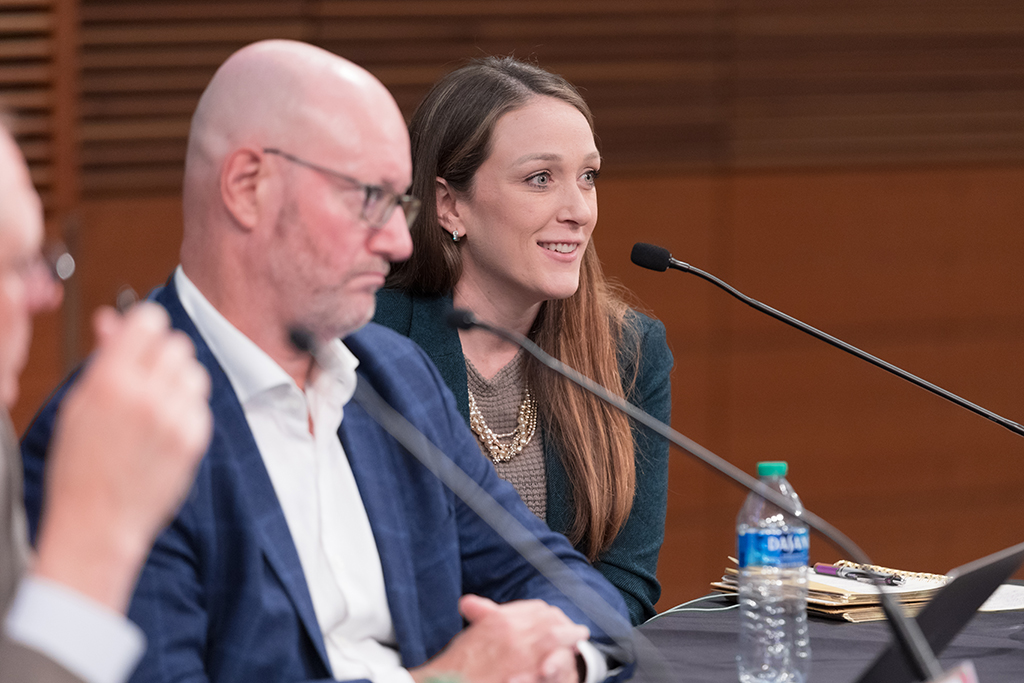 UW–Madison School of Pharmacy Board of Visitors Meeting 2022 Kristin Tiry speaks during the panel discussion, next to Steve Rough