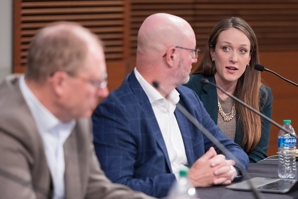 UW–Madison School of Pharmacy Board of Visitors Meeting 2022 Kristin Tiry speaks during the panel discussion, next to Steve Rough and Chris Hatwig