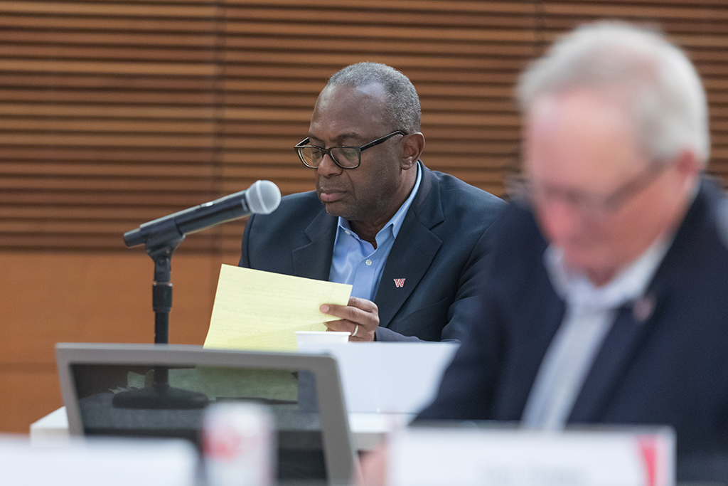 UW–Madison School of Pharmacy Board of Visitors Meeting 2022 Bruce Scott listens during the presentation