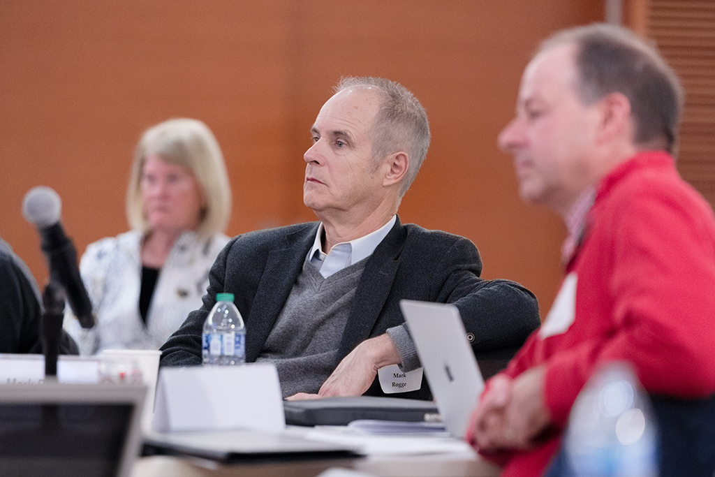 UW–Madison School of Pharmacy Board of Visitors Meeting 2022 Mark Rogge and David Zgarrick listen to the discussion.
