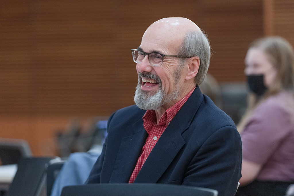 UW–Madison School of Pharmacy Board of Visitors Meeting 2022 Duane Kirking laughs during the presentation