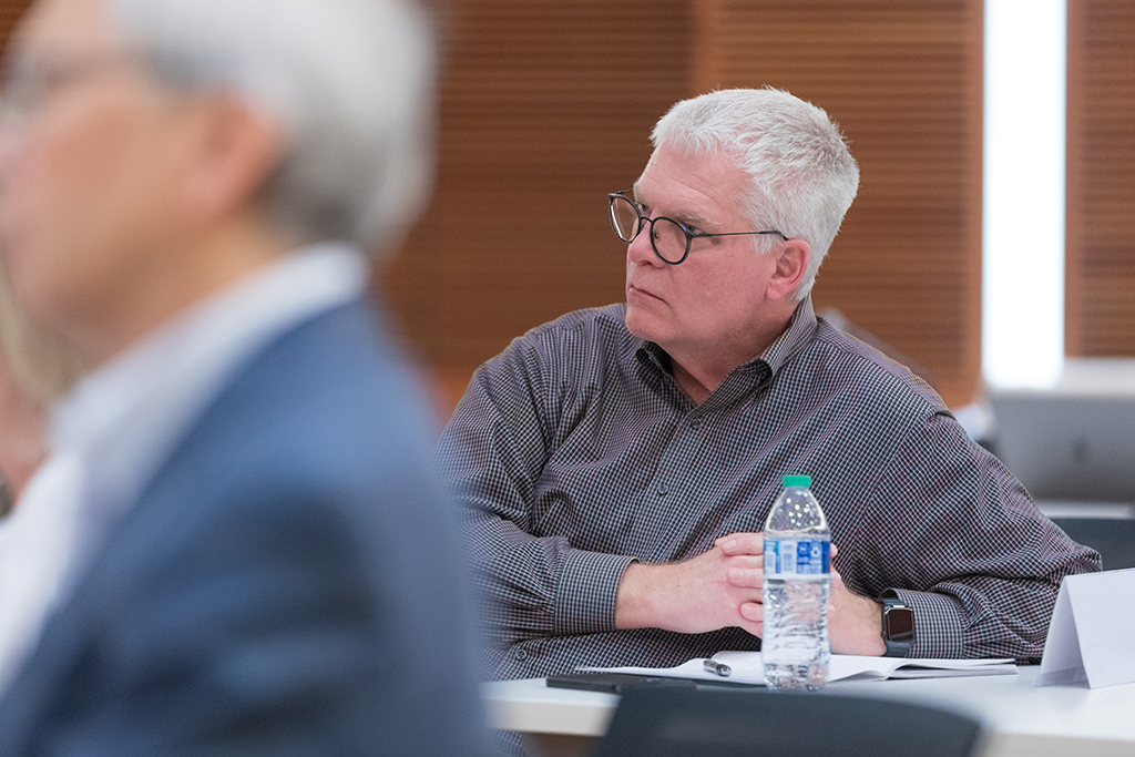UW–Madison School of Pharmacy Board of Visitors Meeting 2022 Rick Bertz listens to the presentation.