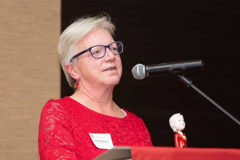 phar110819_052 Jeanette Roberts, bobble head recipient, speaking at podium