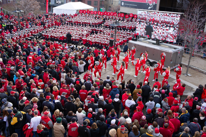 phar110919_026 Alumni Tailgate and Viewing party with large outdoor crowd and marching band with cheerleaders
