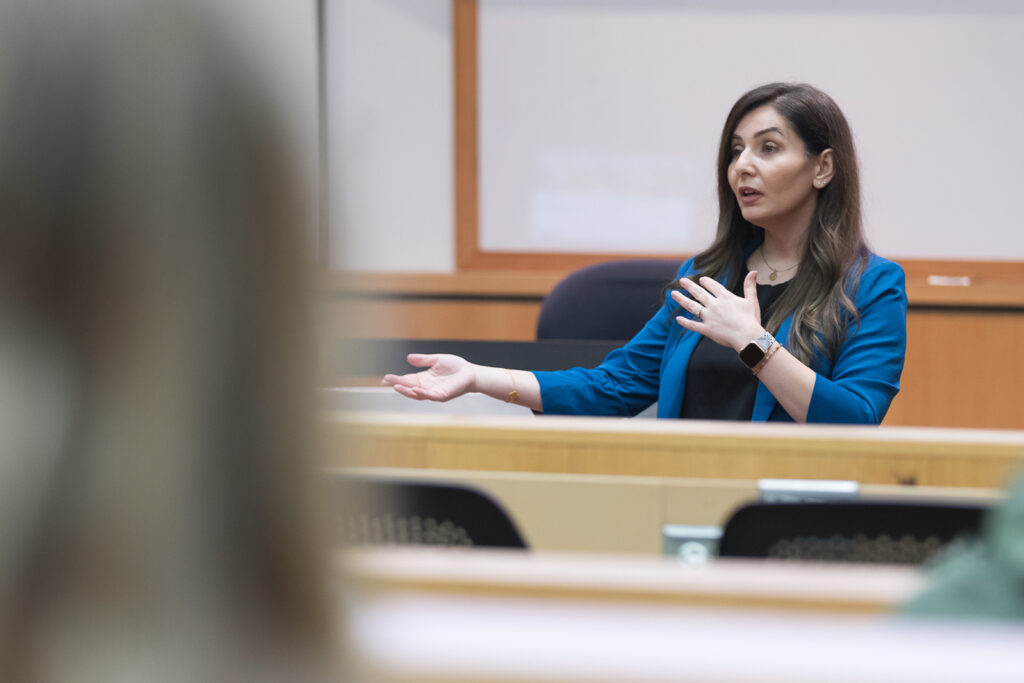 SoP Lecture: Cultivating Belonging in Pharmacy (December 1, 2023) Sally Arif, professor at Midwestern University, delivers a keynote at the DiveRxsity Dialogues event. | Photo by Todd Brown