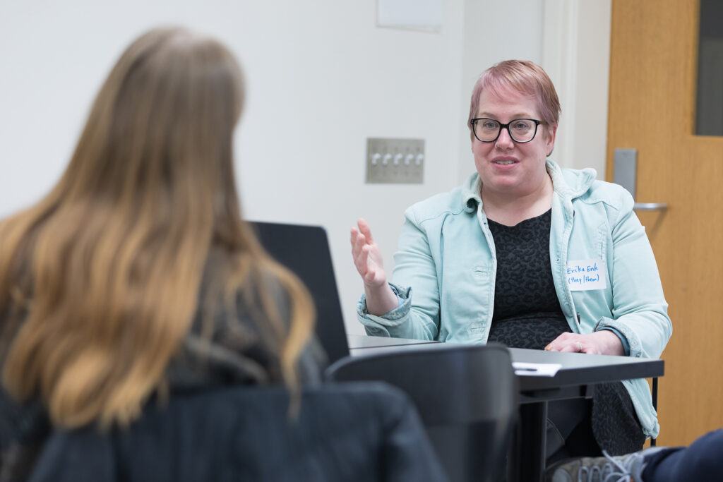 SoP Lecture: Cultivating Belonging in Pharmacy (December 1, 2023) Erika Enk, nurse case manager with University Health Services, speaks during the DiveRxsity Dialogues event.