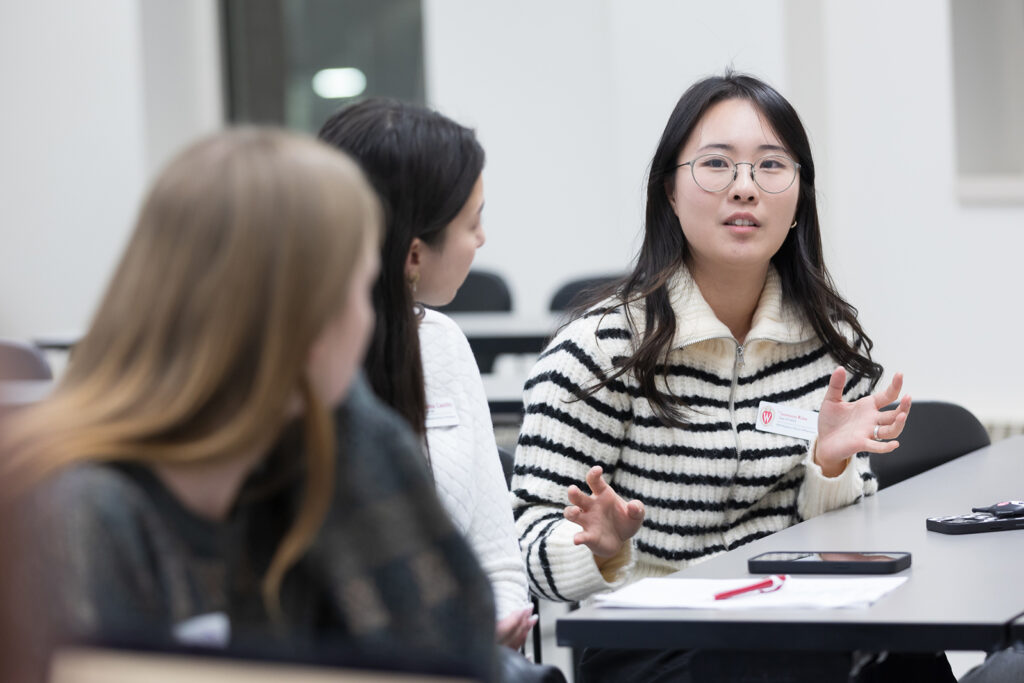 SoP Lecture: Cultivating Belonging in Pharmacy (December 1, 2023) Yoonsoo Kim speaks with two other PharmD students.