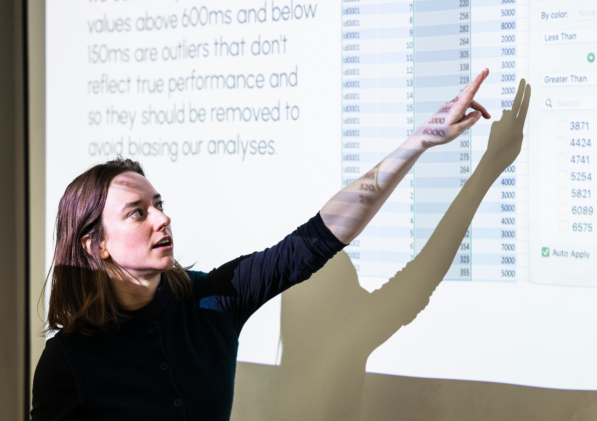 A woman leads a discussion on data interpretation