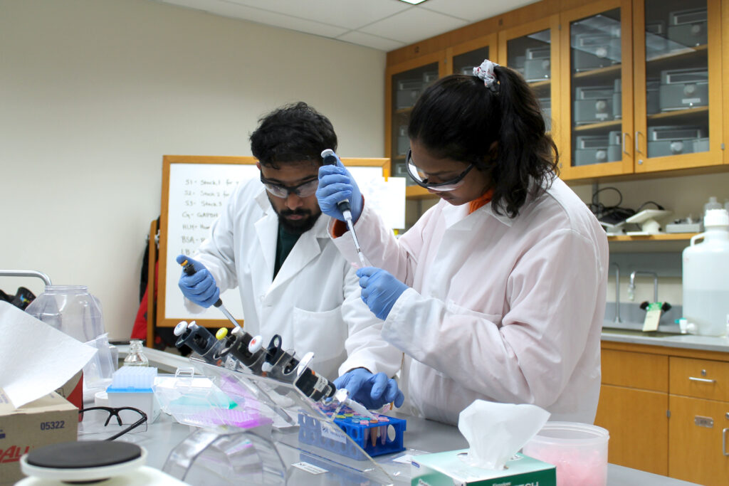 ADD students pipette mixtures into test tubes during lab
