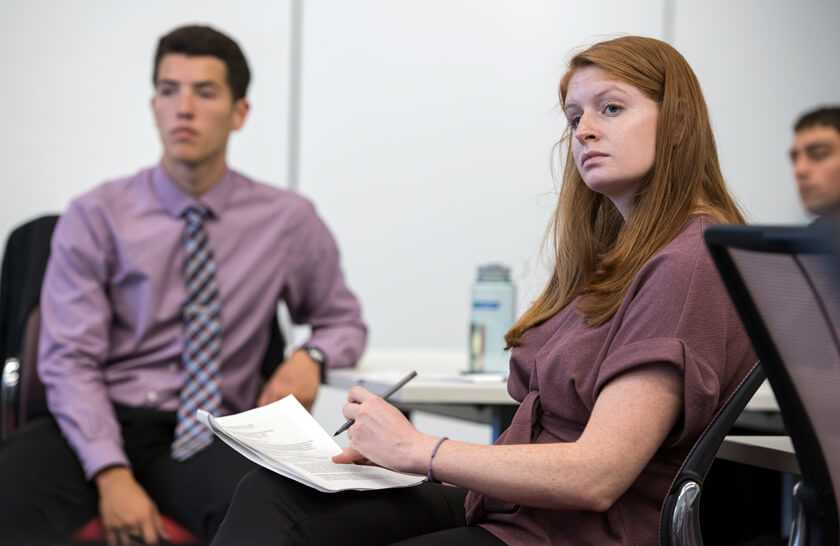Pharmacy students attend an orientation meeting for the Pharmacy Operations and Technology Management program