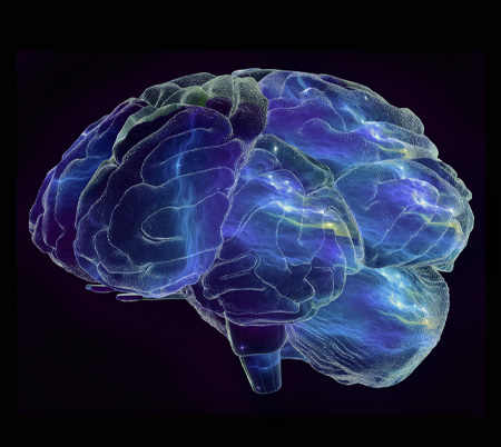 lateral view of a brain glowing blue with electric acctivity
