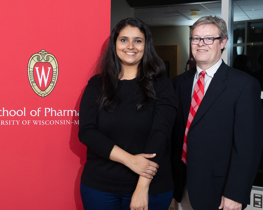 sop092719_006 Graduate student Tanvee Thakur, winner of a teaching assistant award and Joseph B. Wiederholt Fellow, with Associate Professor Charles Lauhon.